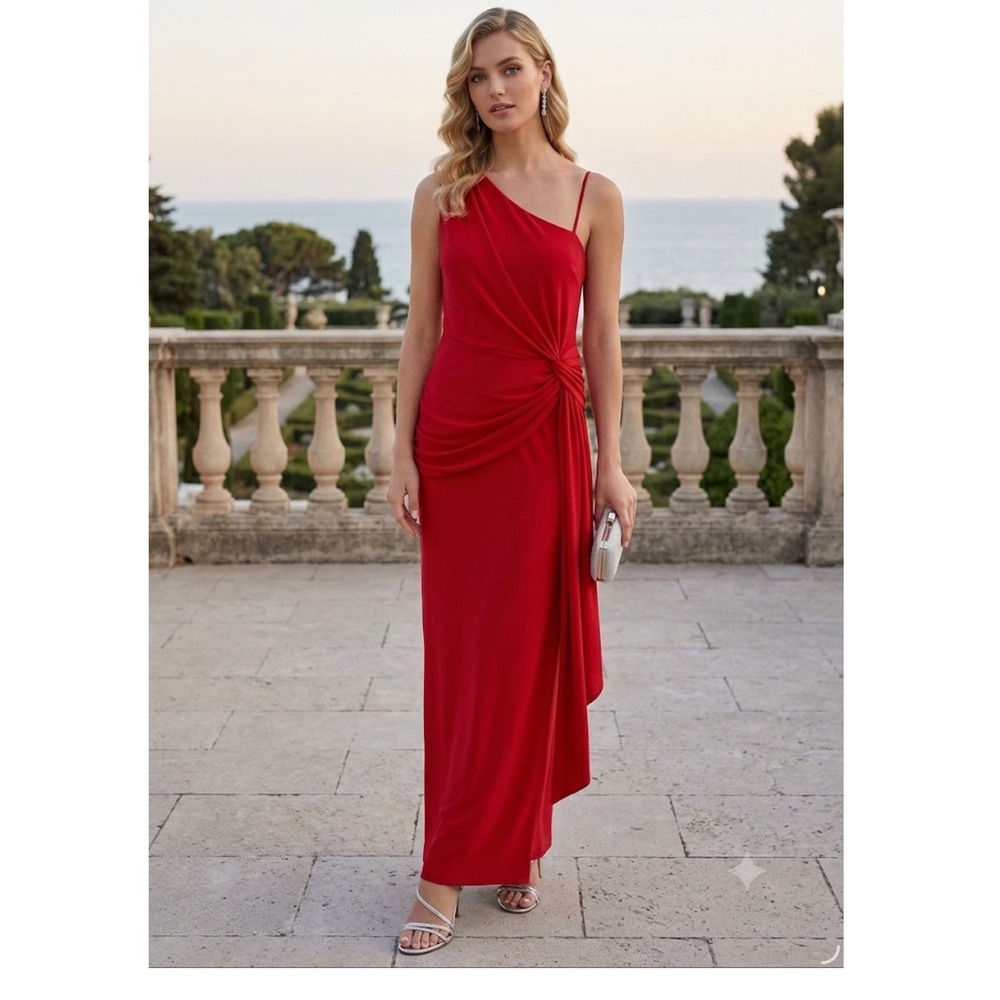 Xscape Womens Red One Shoulder Draped Formal Gown Maxi Dress 16W 6725XW‎ NEW